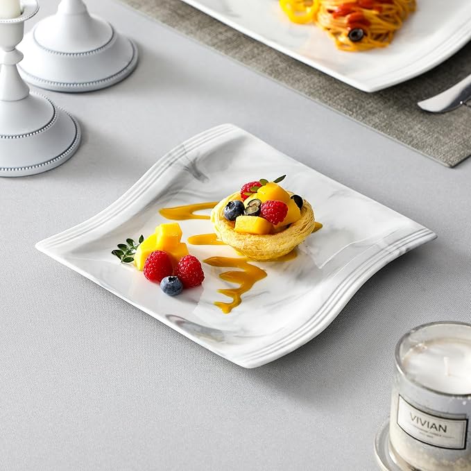 MALACASA Plates and Bowls Sets, 12 Pieces Modern Porcelain Dinnerware Sets for 4, Marble Dishware Set Kitchen Dining Ware Set, Square Ceramic Dish Set, Microwave and Dishwasher Safe, Series Flora
