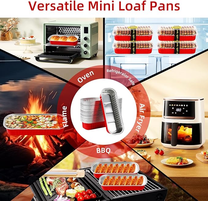 Mini Loaf Pans with Lids and Spoons Sealing Sticker,30 Pcs 6.8oz Cake Pans for Baking Disposable Aluminum Foil Red cake pan (30 Pack Red)