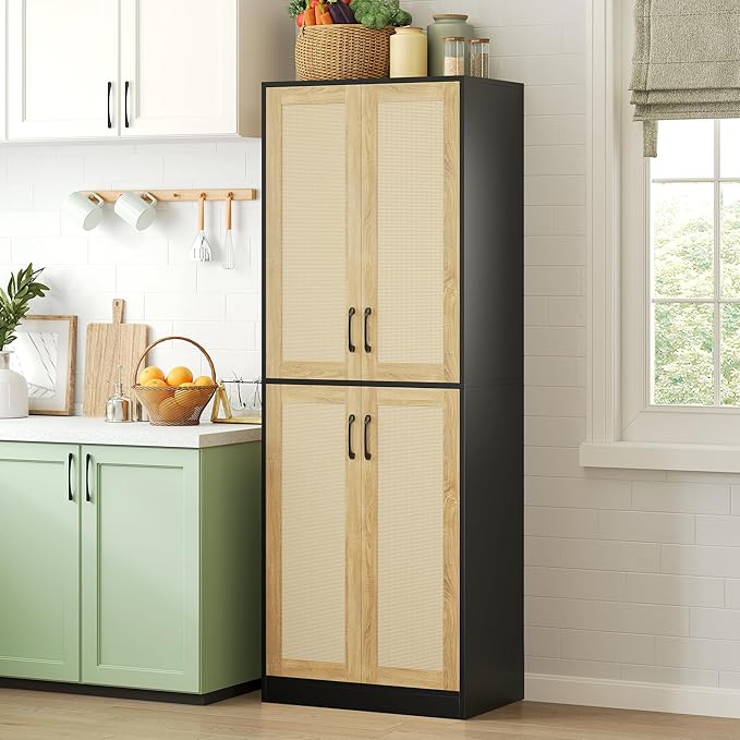 Kitchen Pantry Cabinet, 67" Tall Rattan Storage Cabinet with Doors and Adjustable Shelves, Wooden Linen Pantry Cupboard for Small Spaces Laundry Room Bathroom, Food Snack Towels Storage, Black