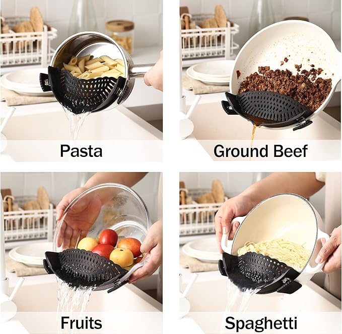 Adjustable Over the Sink Colander Strainer, Silicone Clip On Strainer for Pots Strainers and Colanders Plastic Drainer Basket for Food Pasta Vegetables Kitchen, Extendable 14.5"-19.5", Black
