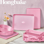 HONGBAKE 9-Piece Baking Pans Set Nonstick, Stackable Non Toxic Bakeware Sets with Diamond Texture, Oven Pan Set for Cooking, Includes Cookie Sheet with Rack, Cake Pan, Roasting Pan, Muffin Tin, Pink