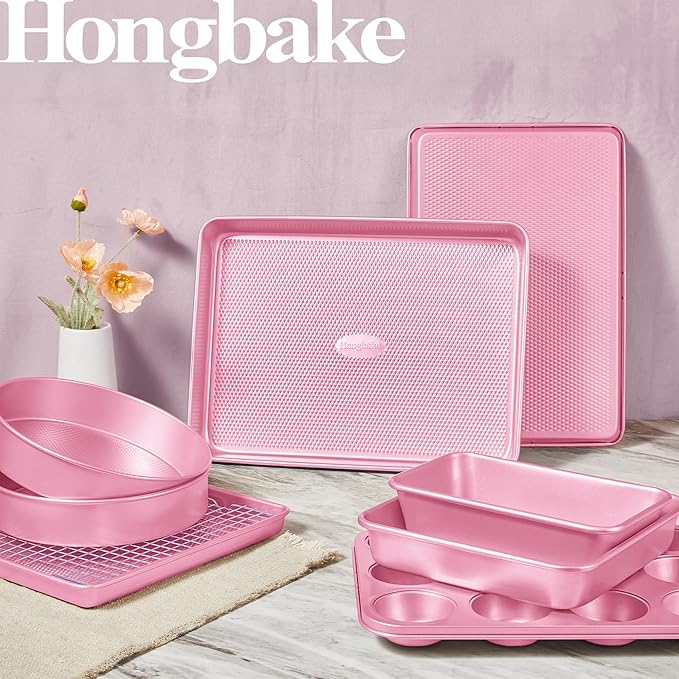 HONGBAKE 9-Piece Baking Pans Set Nonstick, Stackable Non Toxic Bakeware Sets with Diamond Texture, Oven Pan Set for Cooking, Includes Cookie Sheet with Rack, Cake Pan, Roasting Pan, Muffin Tin, Pink