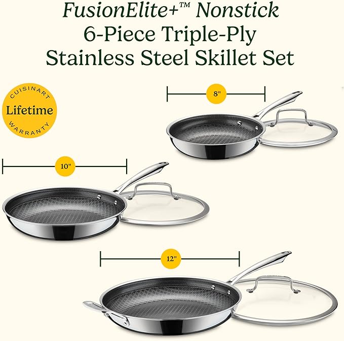 Cuisinart FusionElite+ Nonstick Tri-Ply Stainless Steel Cookware Set, 6-Piece Skillet Cooking Set with PURELYSEAR Ceramic Nonstick Technology, Scratch Proof, Cool Grip Handles, Dishwasher Safe