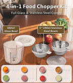 4-in-1 Small Food Processor Cordless Set with 600ml Glass Bowl, 3*240ml Stainless Steel Bowls and 3+4 Blades, USB-C Rechargeable Battery Mini Meat Vegetable Chopper, Electric Kitchen Blender Wireless