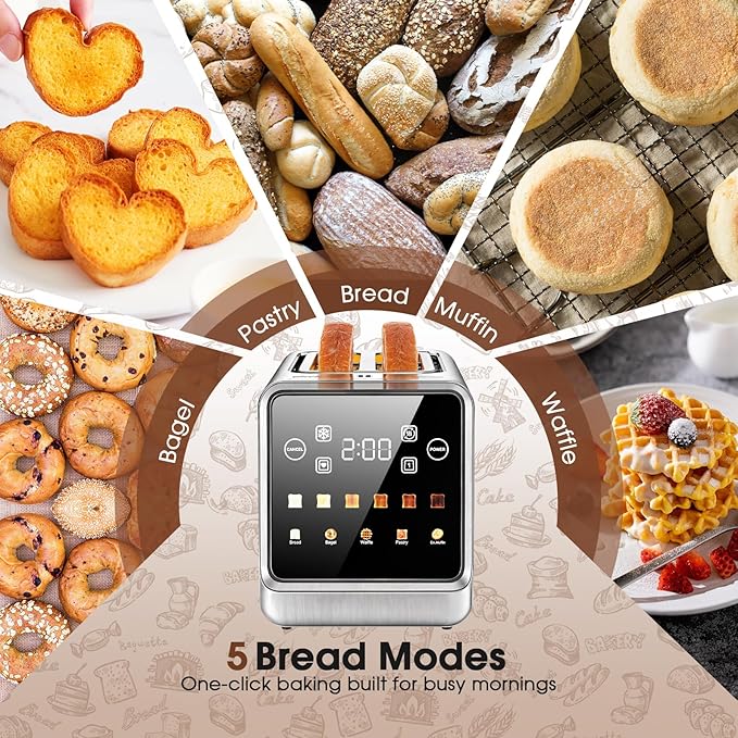 Toaster 2 Slice Wide Slot, Stainless Steel Digital Toasters Best Rated Prime, Touch Screen Toaster for 5 Bread Types/6 Shade Settings/Single Slot Toasting/Memory Function/Defrost/Reheat