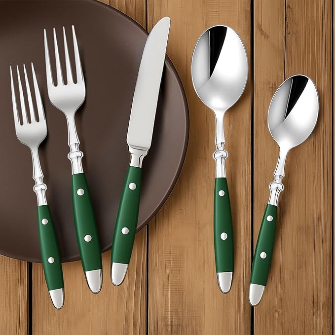 5-Piece Silverware Set, 304 Riveted Stainless Steel Flatware Set, Service for 1, Vintage Cutlery Set with Green Bakelite Handle, Mirror Polished | Rustic | Dishwasher Safe