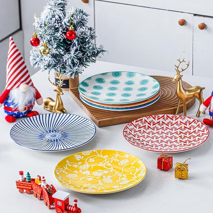 Ceramic Salad Plates Set - 8.5 Inch Small Round Dinner Dishes for Dessert Pasta Appetizer Sandwich - Scratch Resistant Porcelain Microwave Dishwasher Safe - Set of 6 - Assorted Colors