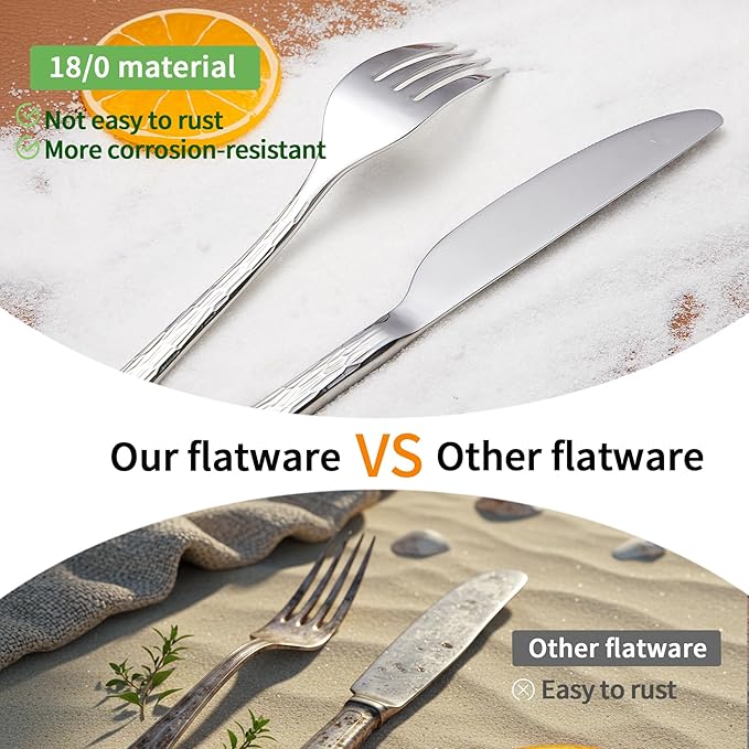 20-Piece Hammered Silverware Set, Food-Grade Stainless Steel Spoons and Forks Set, Heavy Duty Flatware Cutlery Set with Ripple Handles Design, Mirror Polished,Dishwasher Safe