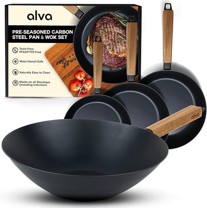 Alva Forest 4-Piece Carbon Steel Frying Pan Set – Naturally Nonstick, Pre-Seasoned, with Acacia Wood Handle, Made Without PTFE, PFOA, PFAS – Sustainable Belgian Design, Induction & All-Stovetop Safe