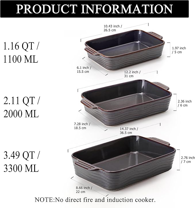 Ceramic Baking Dish Set of 3, Casserole Dishes for Oven, Square Porcelain Bakeware Set with Handles, Lasagna Baking Pan for Cooking, Perfect for Baking and Serving, Housewarming, Halloween, Thanksgiving, Christmas, New Year- Kiln-Transformed Purple