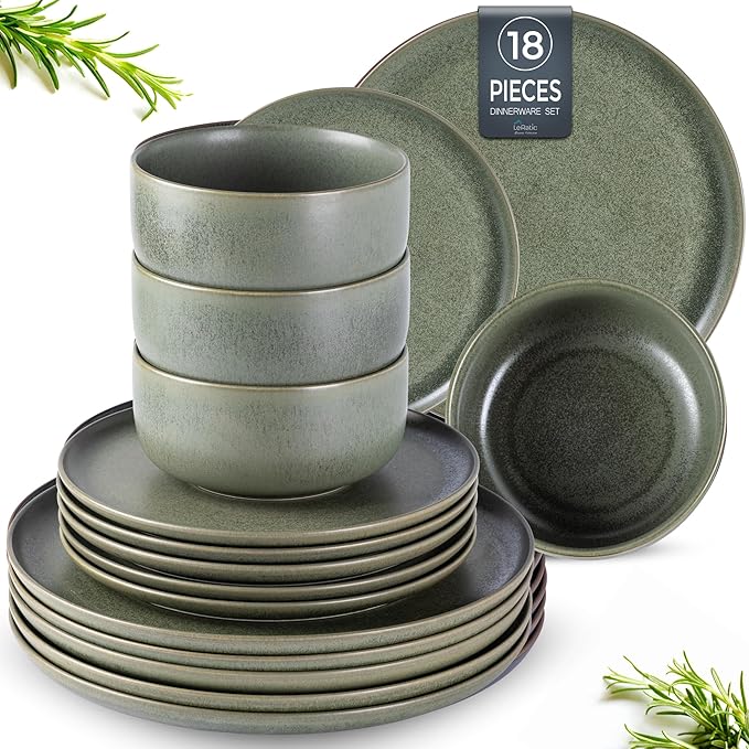 LERATIO Stoneware Dinnerware Sets for 6,Handcarft Ceramic Plates and Bowls Sets,Chip and Scratch Resistant Dishes, Dishwasher & Microwave Safe, Oven safe,Reactive Glaze-Green