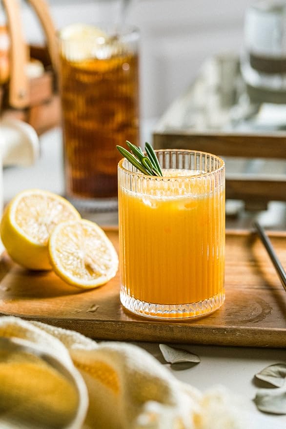 Drinking Glasses with Origami Style Set of 4 Glass Cups, 9oz Ribbed Glassware, Art Deco Drinking Glass, Elegant Ripple Vintage Glassware, Ideal for Cocktail, Whiskey, Soda, Juice