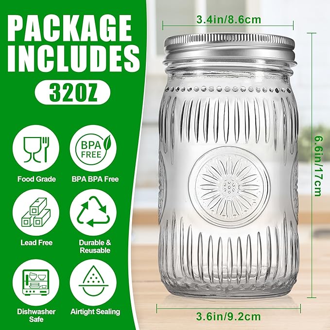 12 Pack 32 oz Wide Mouth Mason Jars with Airtight Lids - Glass Canning Jars for Food Preservation, Storage, Pickling, Crafts & DIY Projects, Durable Quart Glass Jars Dishwasher Safe