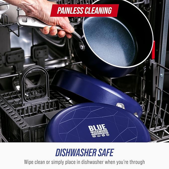 Blue Diamond 10 Piece Nonstick Cookware Set, Diamond Ceramic Pots & Pans, Dishwasher & Metal Utensil Safe, Non Toxic PFAS-Free, Kitchen Cooking Sauce & Saute Pans, Oven & Broiler to 600F, Blue