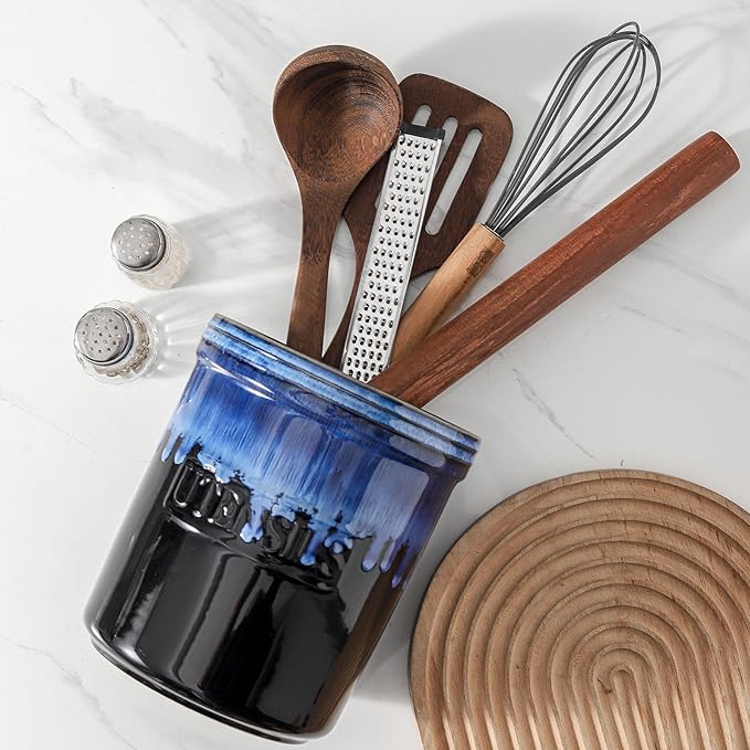 KOOV Cooking Utensil Holder, Large Ceramic Utensil Crock, Deep and Stable, Utensil Caddy for Countertop, Reactive Glaze (Nebula Blue)