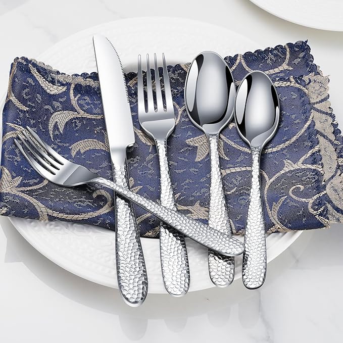 Hammered Silverware Set, 40-Piece Heavy Duty Stainless Steel Flatware Sets for 8, Food-Grade Cutlery Set for Home Restaurant, Mirror Polished, Dishwasher Safe