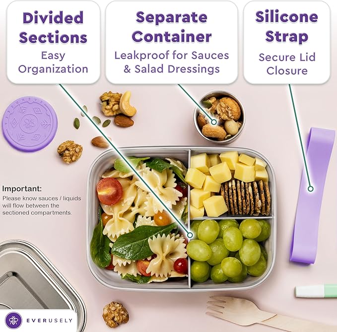 Everusely - Bento Box - Lavender, 37oz / 1.1 L - Stainless Steel Lunch Box with Leakproof Condiment Container - 3 Compartment Snack Organizer for On the Go Meals - Freezer & Dishwasher Safe