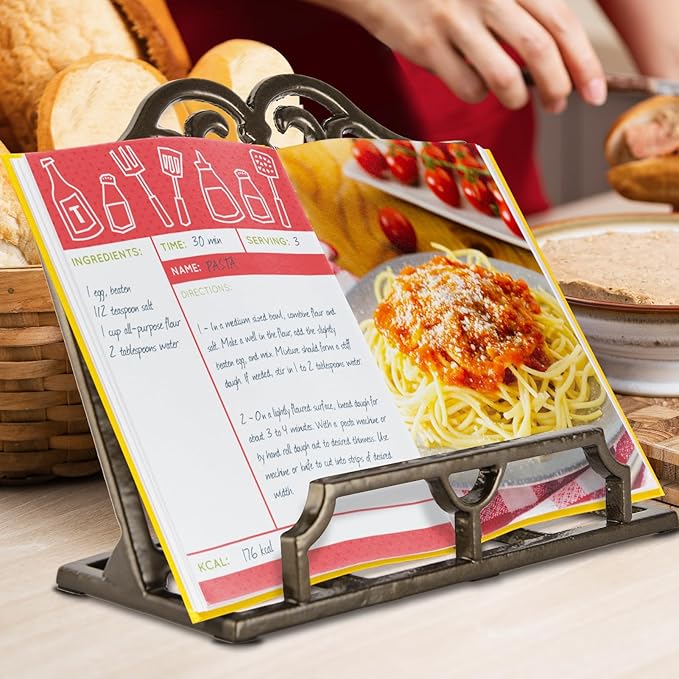JOGREFUL Cookbook Stand, Cast Iron Heavy-Duty Recipe Book Holder, Kitchen Vintage Recipe Book Holder, Reading Rest Holder for Easel/Counter/Books/Magazine/iPad/Bible, Classic Coffee Gold