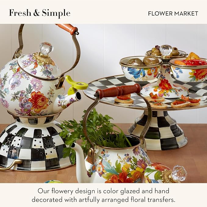 MACKENZIE-CHILDS Enamel Whistling Tea Kettle, Decorative Teapot for Stovetop, White Flower Market