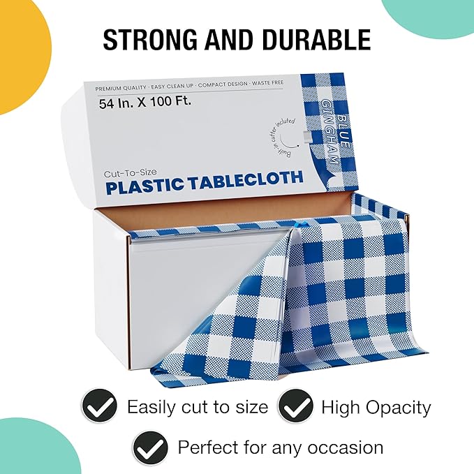 Exquisite Party Solids 54 Inch X 100 Feet Blue Gingham Plastic Table Cover Roll in A Cut - to - Size Box with Convenient Slide Cutter. Cuts Up to 12 Rectangle 8 Feet Plastic Disposable Tablecloths
