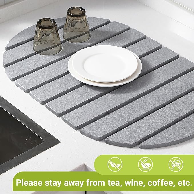 Quick Dry Stone Mat, Stone Drying Mat for Kitchen Counter, Large Dish Drying Mat - Diatomaceous Earth Dish Drying Mats, Modern Fast Dry Pad for Bathroom, 24"x16", DarkGray