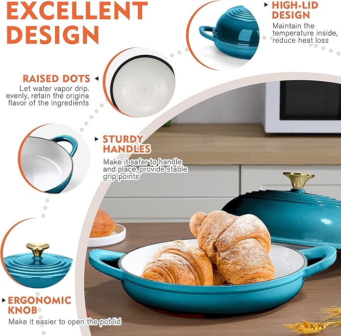 Enameled Round Cast Iron Bread Oven, 6 Qt Cast Iron Dutch Oven for Homemade Sourdough Bread Baking, Bread Dome Pot with Cloche Lid (Blue Green)