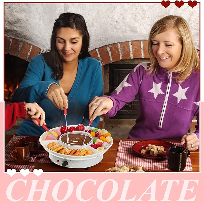 Lallisa Electric Fondue Pot Set, Chocolate Fondue Kit, Electric Fondue Maker, Detachable Serving Trays with 4 Roasting Forks, Gift Set for Date Night House Warming Melting Parties(White)