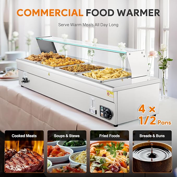 WILPREP 4-Pan Commercial Food Warmer with Sneeze Guard, Four 1/2 Pans, 1500W Countertop Electric Warmer, 86-185°F Adjustable Temp Control, Stainless Steel Buffet Bain Marie