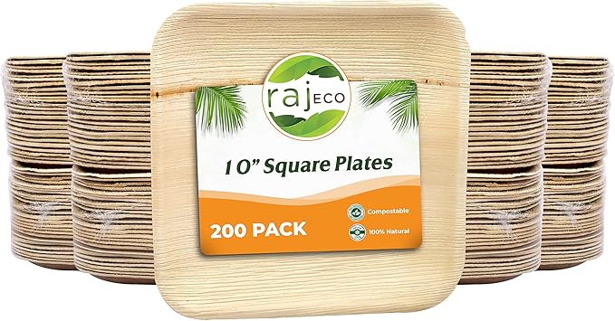 Raj Palm Leaf Plates [200-Pack] 10" Square Plates like Bamboo plates Disposable, Strong, Decorative Compostable Tableware for wedding, Lunch, Dinner, Birthday, Camping, Outdoor BBQ, Picnic…