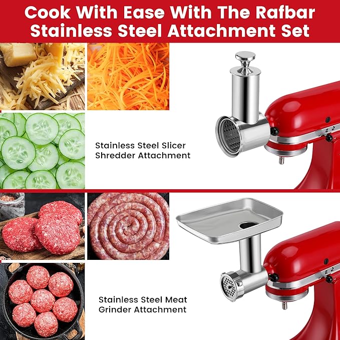 Meat Grinder & Slicer Shredder Attachments for KitchenAid Stand Mixer, All Parts Dishwash Safe, Stainless Steel Cheese Grater Attachments for KitchenAid Mixer Accessories