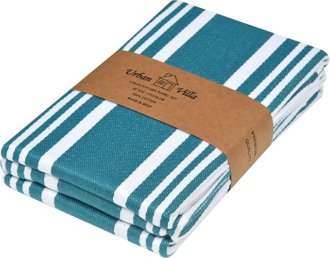 Urban Villa Kitchen Towels 100% Cotton Pack of 6, Highly Absorbent Quick Drying Super Soft Premium Dish Towels for Kitchen with Hanging Loop Hand & Tea Towels - 20x30 Inch, (Teal & White, Striped)