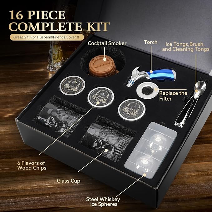 Whiskey Smoker Kit with Torch - Old Fashioned Cocktail Smoker Kit with 6 Flavors Wood Chips | 2 XL Stainless Steel Ice Balls & 2 Glasses, Christmas Bourbon Whiskey Gifts for Men, Dad(No Fuel Included)