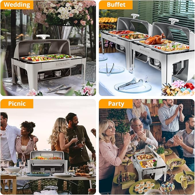 ROVSUN 3 Pack Roll Top Chafing Dish Buffet Set,9 Quart Rectangular NSF Stainless Steel Chafer for Catering,Buffet Servers and Warmers Set with Glass Window for Wedding, Party, Banquet, 2 Half Size