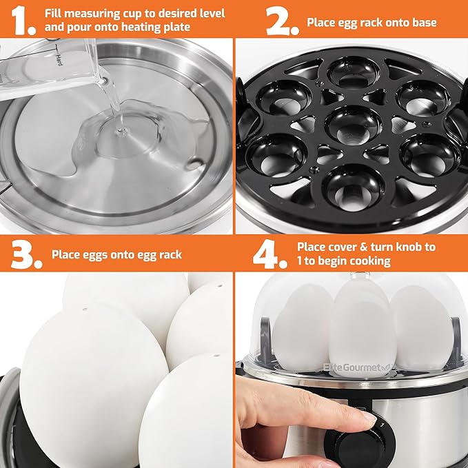 Elite Gourmet EGC724SS Easy Electric Poacher, Omelet Eggs & Soft, Medium, Hard-Boiled Egg Boiler Cooker with Auto Shut-Off and Buzzer, Measuring Cup Included, BPA Free, 7, Stainless Steel