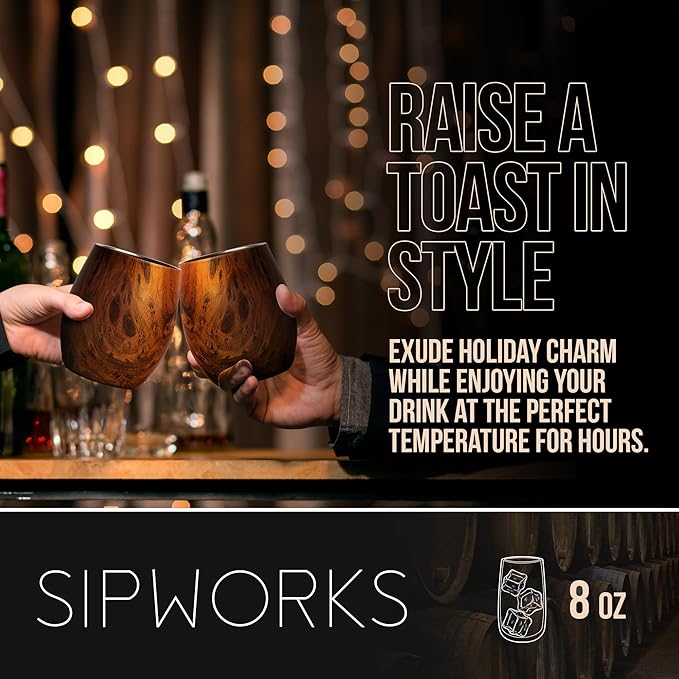 Sipworks Insulated Whiskey Tumbler - 8 oz Stainless Steel Bourbon Lowball Tumbler with Double Walled Vacuum Insulation - Spill Resistant Cocktail Nosing Glass Mug | Travel & Parties - Mahogany