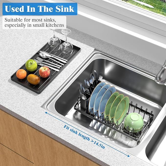 Small Dish Drying Rack Over The Sink, Compact Dish Rack with Silicone Mat for Kitchen Counter, Expandable Dish Drainers Drying Rack Used in Sink & on Countertop, Black