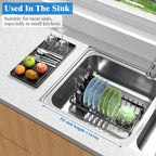 Small Dish Drying Rack Over The Sink, Compact Dish Rack with Silicone Mat for Kitchen Counter, Expandable Dish Drainers Drying Rack Used in Sink & on Countertop, Black