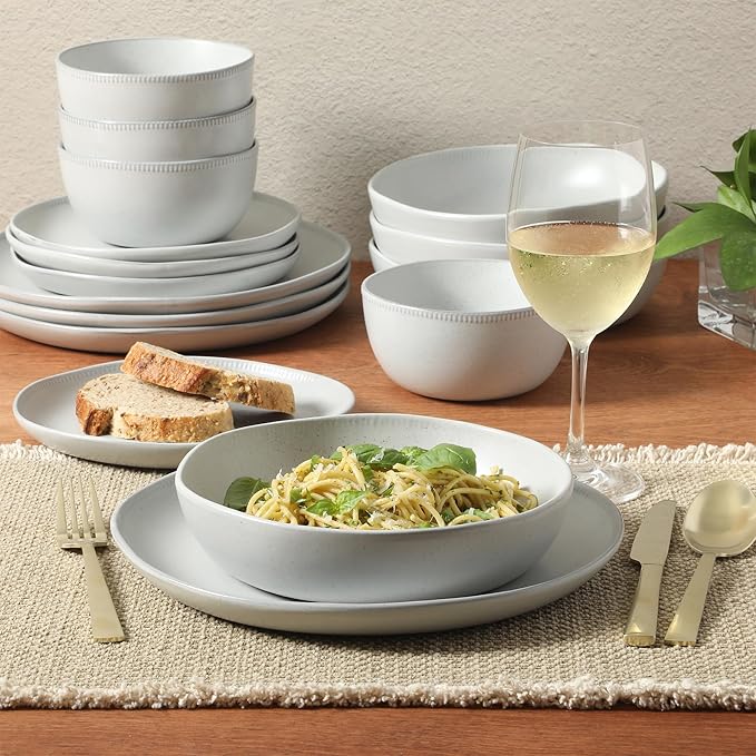 Gibson Elite Menlo Park 16-Piece Pottery Clay Stoneware Dinnerware Set – White Reactive Glaze, Embossed Plates and Bowls W/Pasta Bowl, Service for 4 – Microwave & Dishwasher Safe