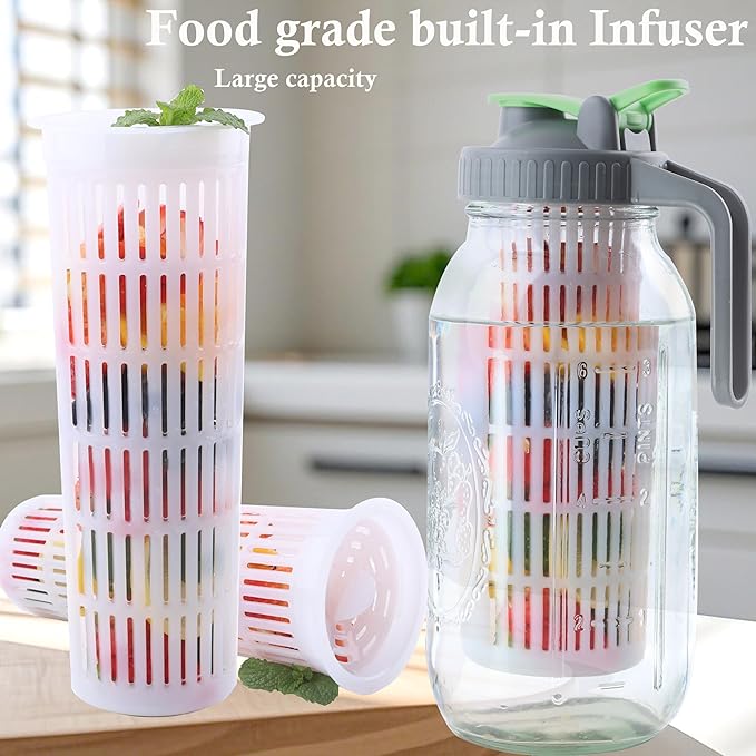 Glass Mason Jar Water Fruit Infuser Pitcher With Lid 64 Oz Wide Mouth Tea Infused Pitchers 2 Quart Sun Tea Jar For Outside Half Gallon Iced Coffee Tea Lemonade Juice Homemade Drinks Container- 2 Set