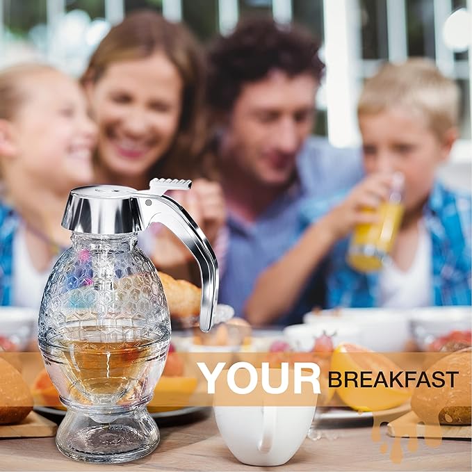 Glass Honey Dispenser – No Drips, No Trails Honey Container 8 Oz with Stand – Easy to Clean Honey Pot – Honey Jar with Dipper – Maple Syrup Dispenser – Syrup Holder with Honeycomb Design