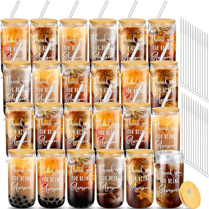 Layhit 24 Set Bulk Thank You Team Gifts Cups for Employees Staff Coworker Christmas Appreciation Gifts Thank You Glass Cups 16 oz Can Shaped Beer Glass with Lids Straws Brushes(Cute Style)