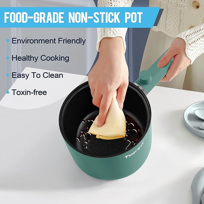 Topwit Hot Pot Electric with Steamer, 1.5L Ramen Cooker, Non-Stick Frying Pan, Electric Pot for Pasta, BPA Free, Electric Cooker with Dual Power Control, Over-Heating & Boil Dry Protection, Green