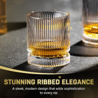 Ribbed Whiskey Glasses Set of 2, 12 Oz Lead-Free Crystal Heavy Base Barware Glass, Perfect for Bourbon Rocks Cocktail Scotch Drinking