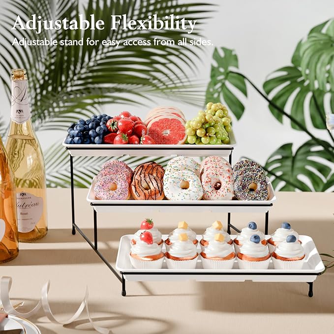 3-Tier Melamine Serving Tray Set, 14"x7" Platters for Serving Food, White Reusable Trays with Black Metal Display Stand for Cupcakes, Sevring Food, Dessert, Fruit, Cookie, Black