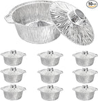 Frcctre 10 Pcs Disposable Aluminum Pot with LidS, Disposable 2 Liter Round Aluminum Foil Pan Food Container for Camping Vacation Trips Picnic Heating Cooking