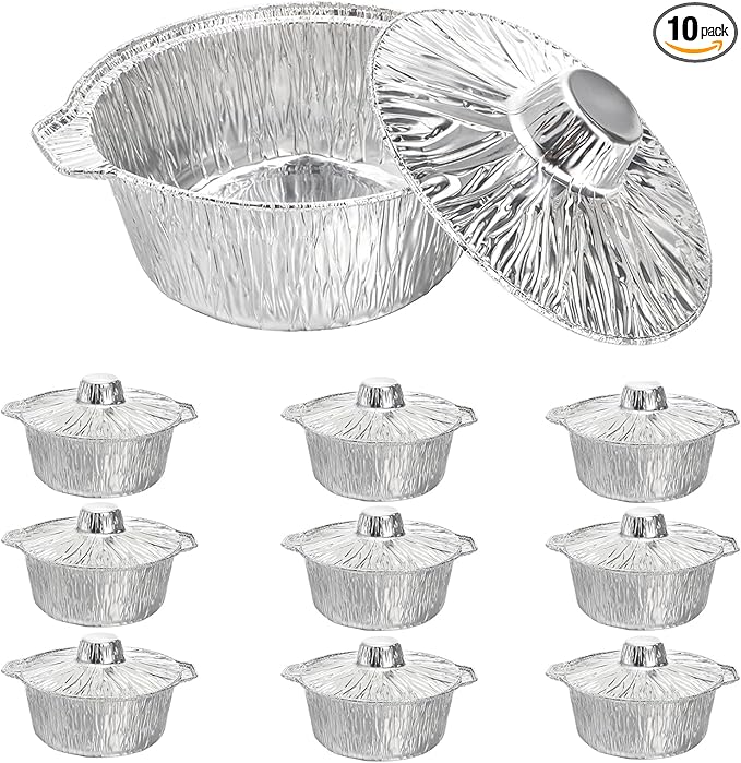 Frcctre 10 Pcs Disposable Aluminum Pot with LidS, Disposable 2 Liter Round Aluminum Foil Pan Food Container for Camping Vacation Trips Picnic Heating Cooking