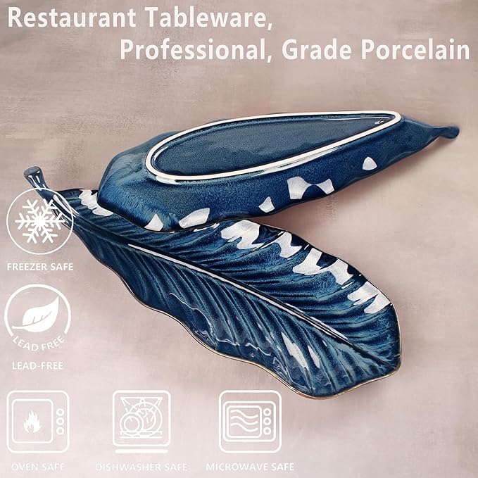 Serving Platter Olives Plate Set of 2, Large Serving Tray for Entertaining, Porcelain Trays and Platters, Salad Appetizer Tray,Dishwasher & Microwave Safe, Royal blue 14.5 Inch