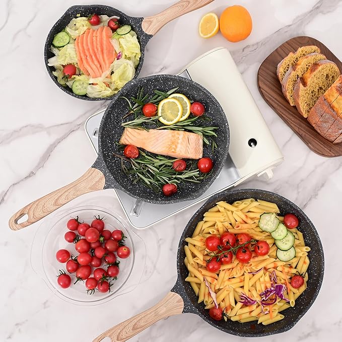 JEETEE Nonstick Frying Pans Set with Lid, Skillets Set 6 Pcs, 8" 9.5" 11" Granite Non-Stick Frying pan, Cookware Set with Bakelite Handle, Suitable All Stovetops (Gas, Electric & Induction), Grey