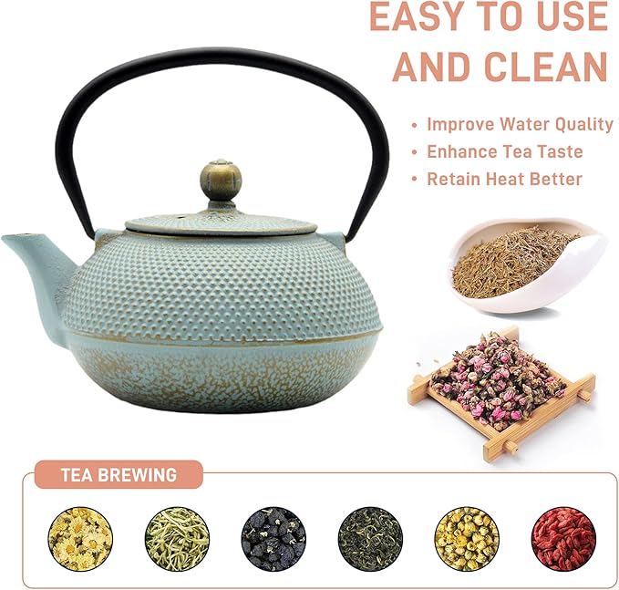 30.4oz Small Cast Iron Teapot, Tea Kettle for Stovetop Safe, Tea Pot with Stainless Steel Infuser for Loose Tea, Japanese Tetsubin Coated with Enameled Interior(900ml)