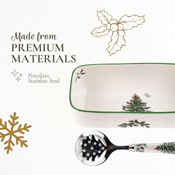 Spode Christmas Tree Cranberry Sauce Serving Dish with Slotted Spoon (8"x 4.25") - Rectangular Holiday Server with Holiday Motif - Dishwasher, Microwave, Freezer Safe Serveware for Entertaining